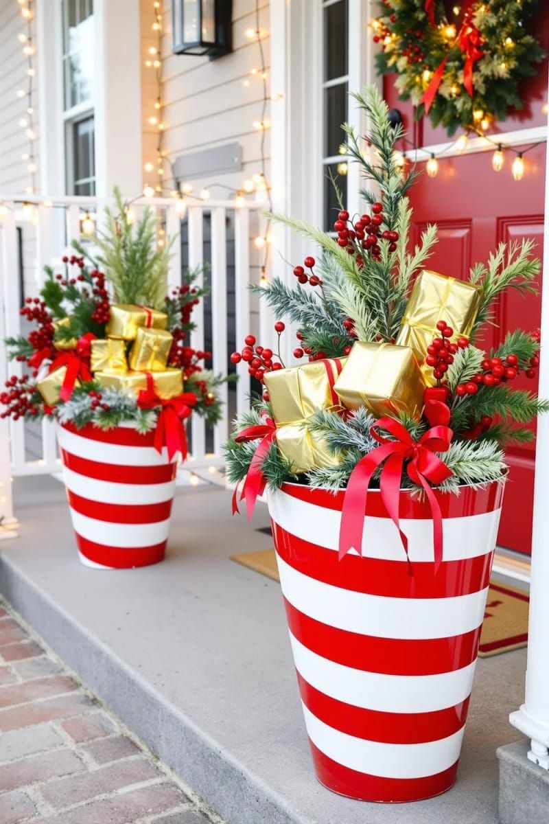 candy cane striped planters filled with gold-wrapped presents and red berry sprays 1