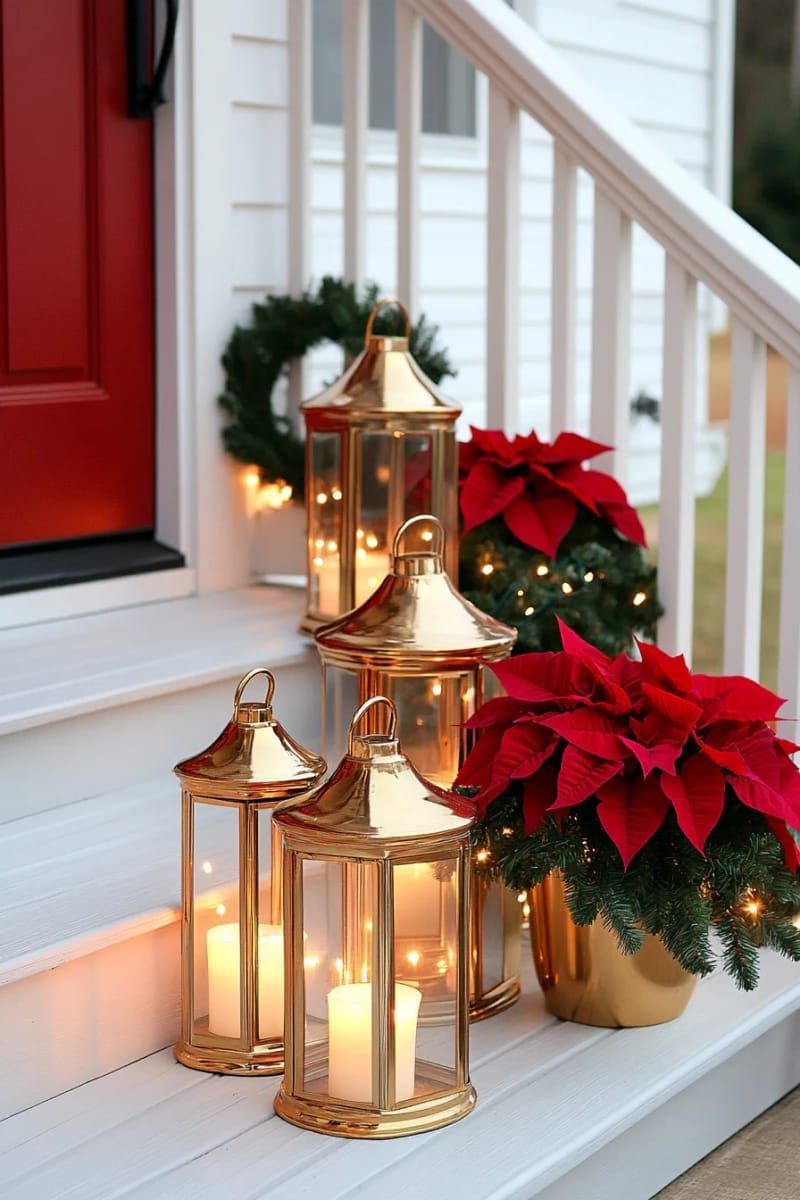 clustered gold lanterns and red poinsettias lining the porch steps for a luxe look 1
