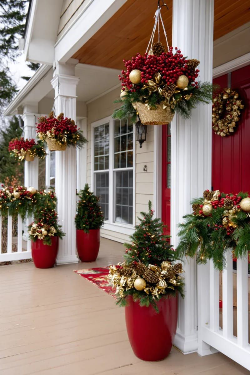 gold-painted pinecones and red berries cascading from hanging baskets above columns 1
