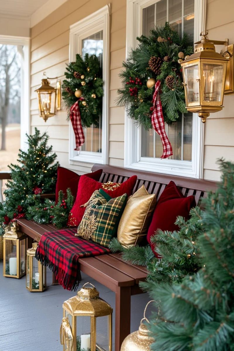 cozy plaid blankets draped over porch benches with gold-accented throw pillows 1