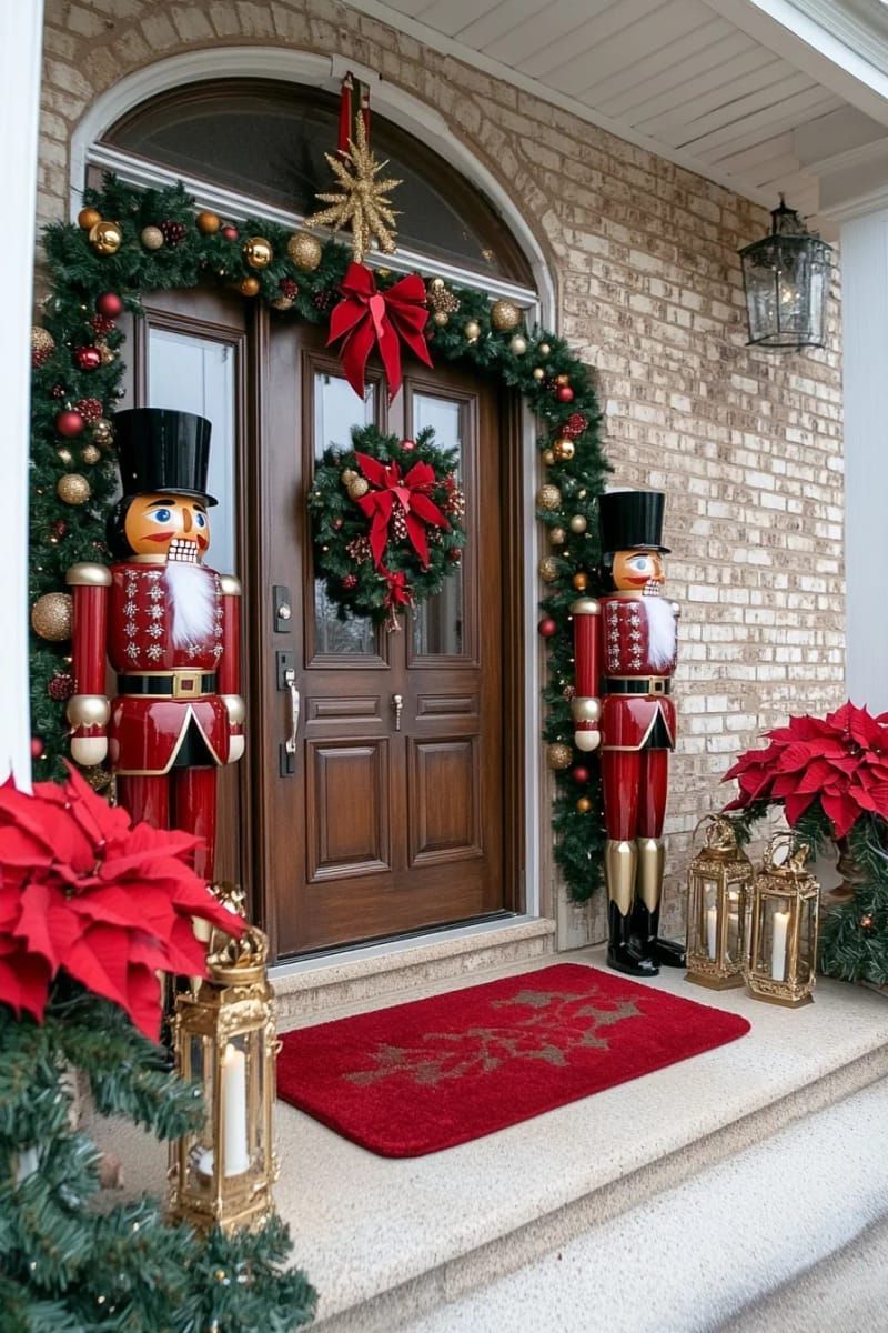 red and gold nutcracker soldiers flanking the front door for a whimsical entrance 1