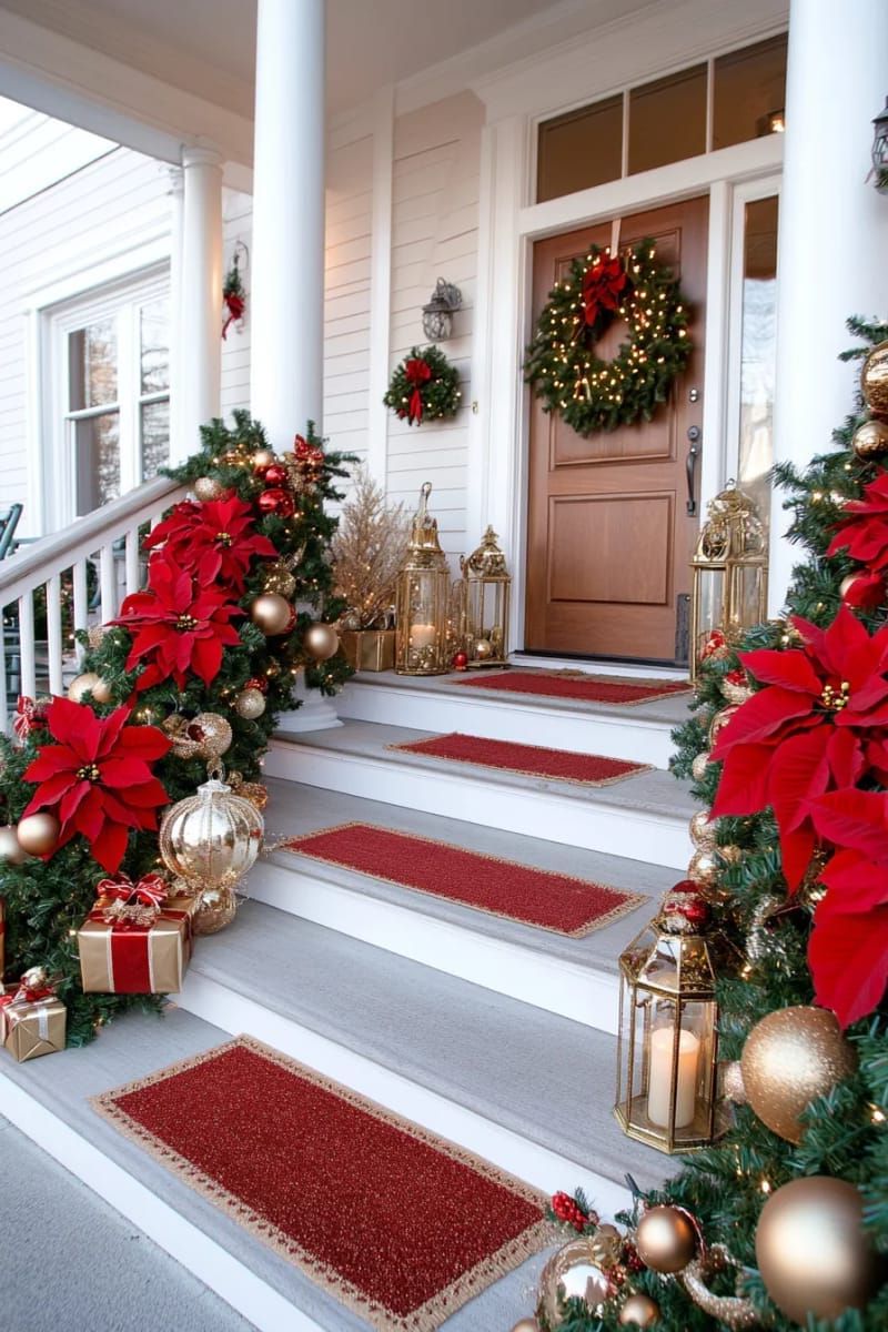 dramatic swag garland with oversized red poinsettias and metallic gold ornaments 1