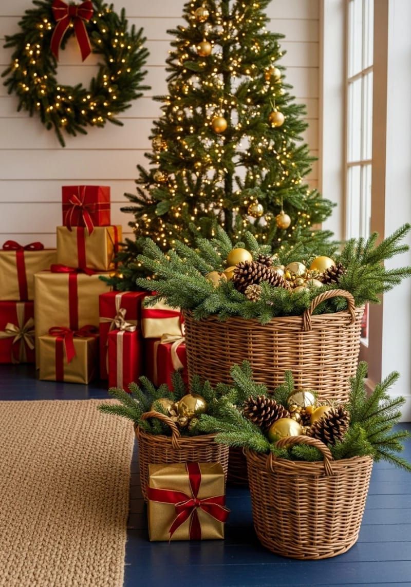 red and gold wrapped gift boxes stacked beside frosted evergreen potted trees 1