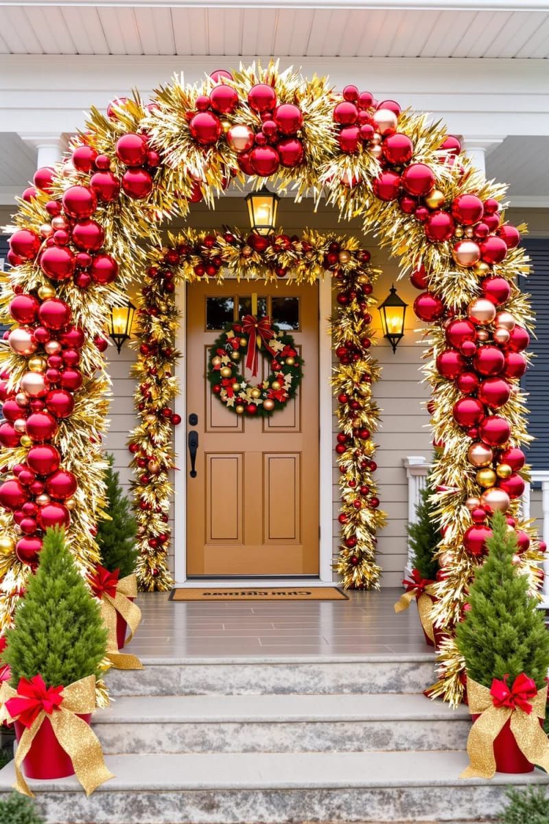 archway of gold tinsel and red ornaments framing the front porch for instant drama 1