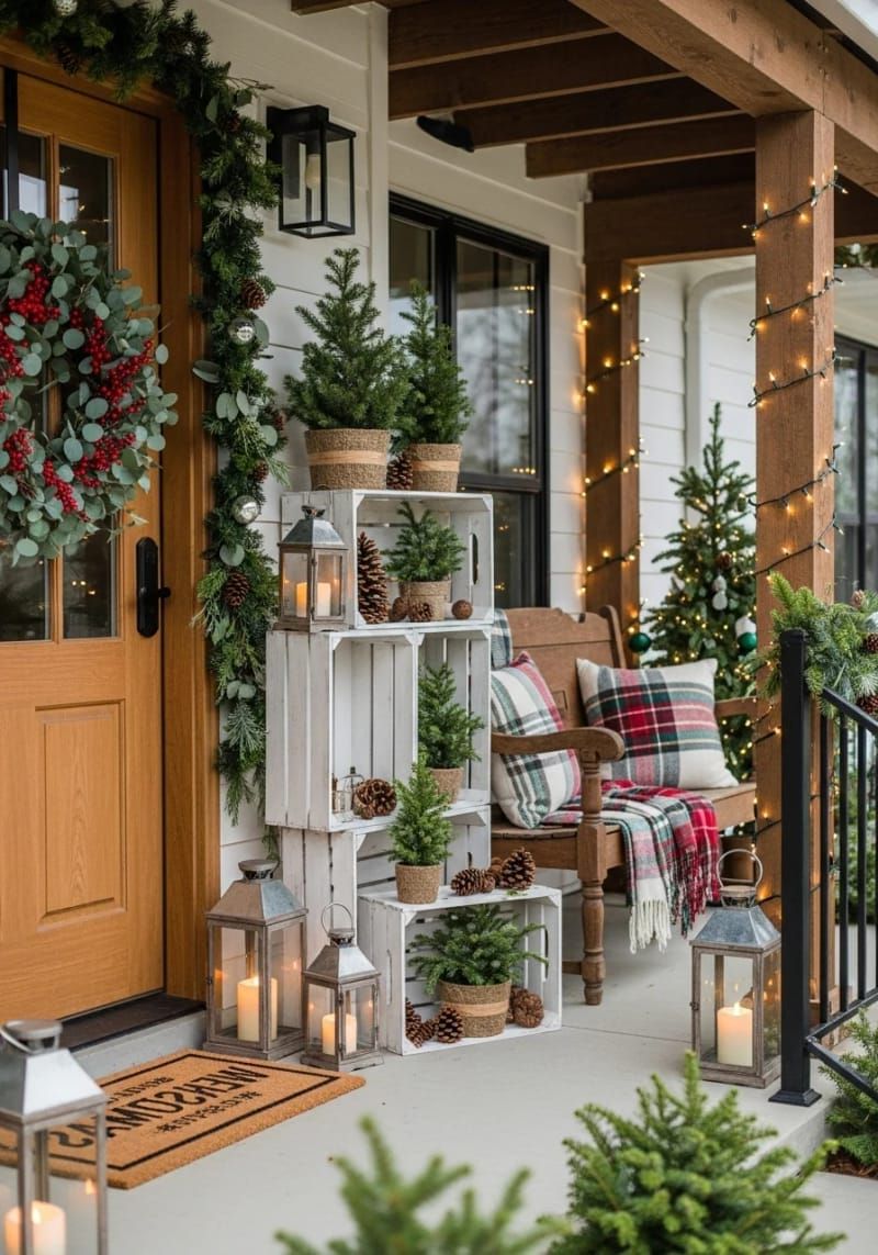 white-washed wooden crates stacked with mini potted evergreens and pinecones 1