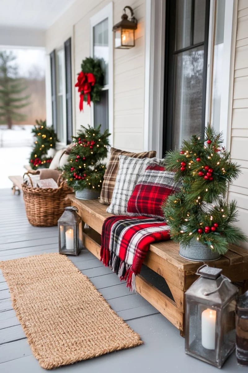 potted spiral topiaries wrapped in string lights flanking the front steps 1