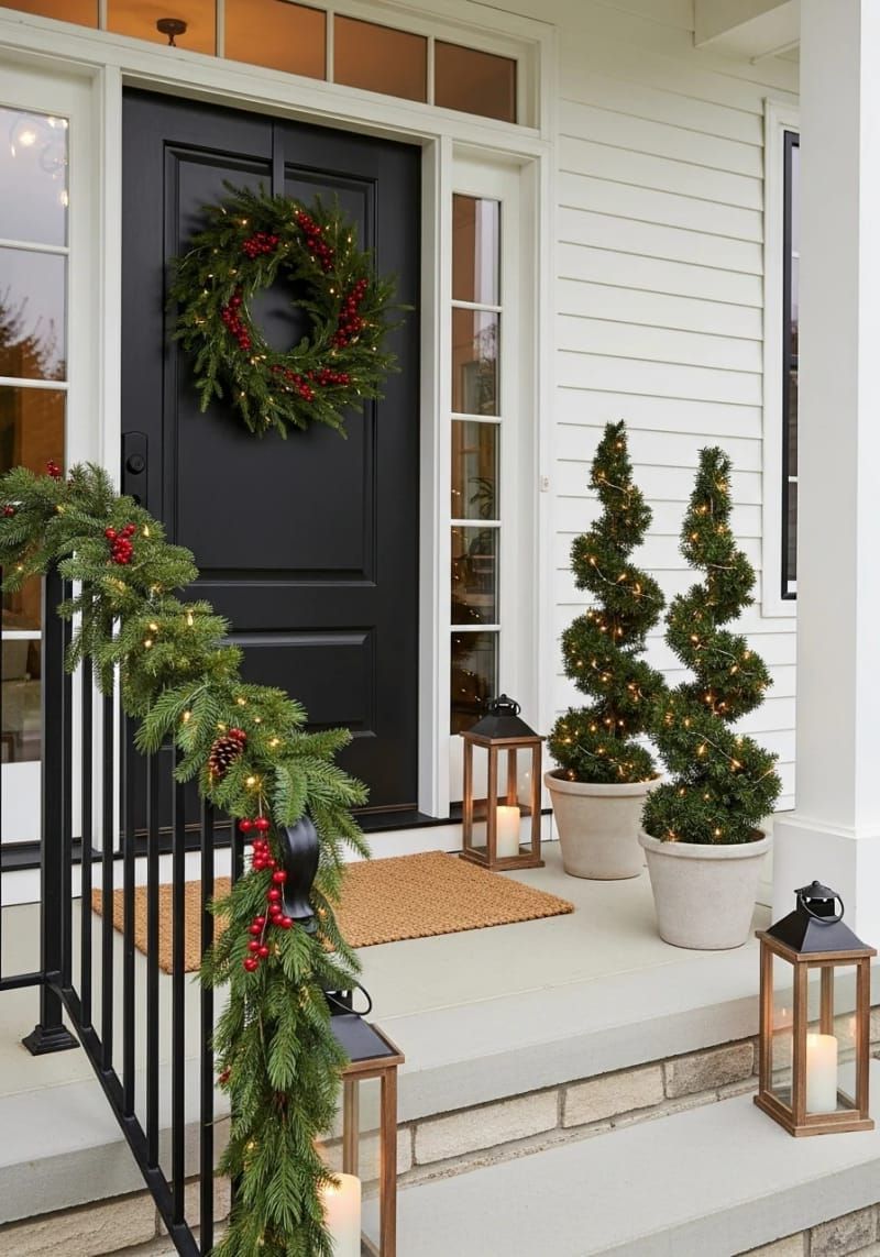 potted spiral topiaries wrapped in string lights flanking the front steps 1