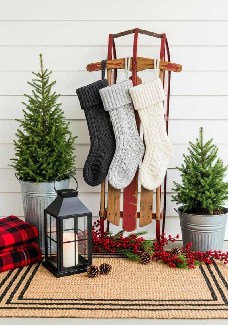 vintage sled propped against shiplap wall, draped with knit stockings 1