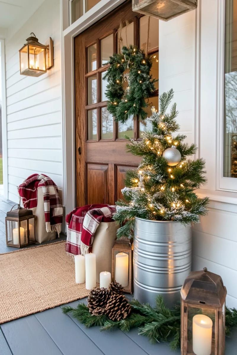 antique milk can topped with a simple flocked tree and twinkle lights 1