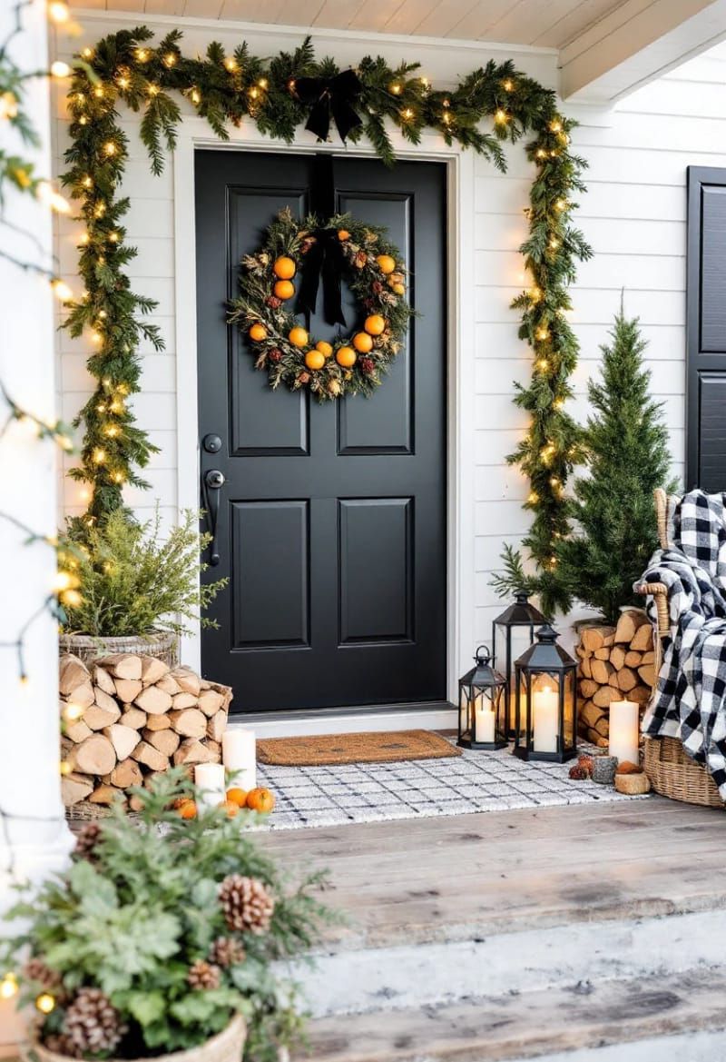 monochrome wreath with black velvet ribbon and dried oranges on a modern door 1