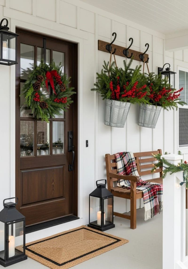 hanging galvanized buckets overflowing with evergreen branches and red berries 1
