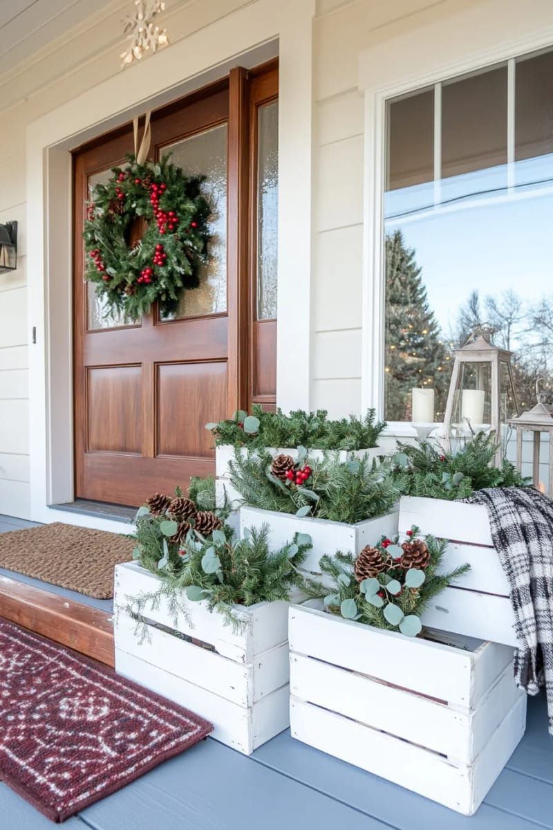 white-washed wooden crates stacked with mini potted evergreens and pinecones 1