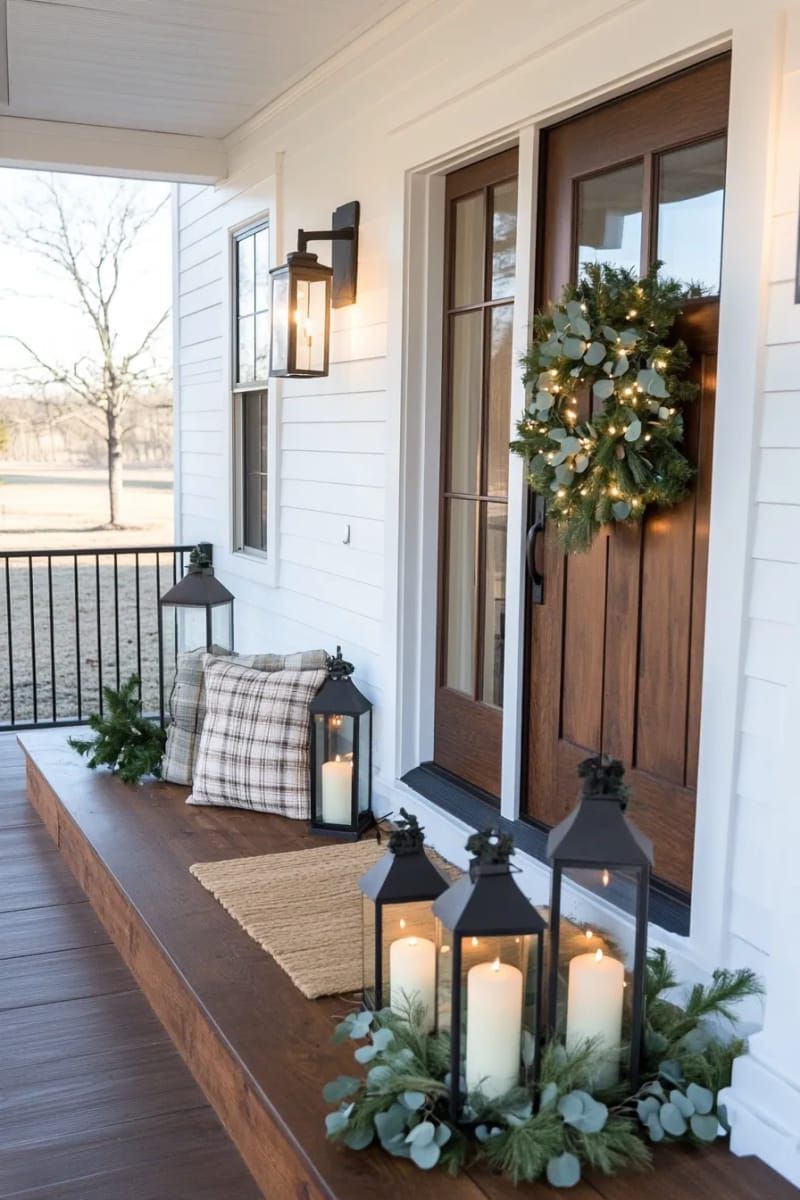 oversized rustic lanterns with pillar candles and eucalyptus sprigs beside the door 1