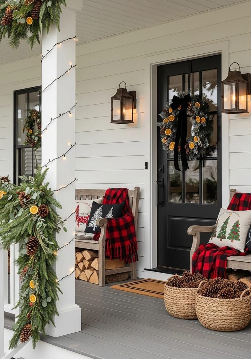 monochrome wreath with black velvet ribbon and dried oranges on a modern door 1
