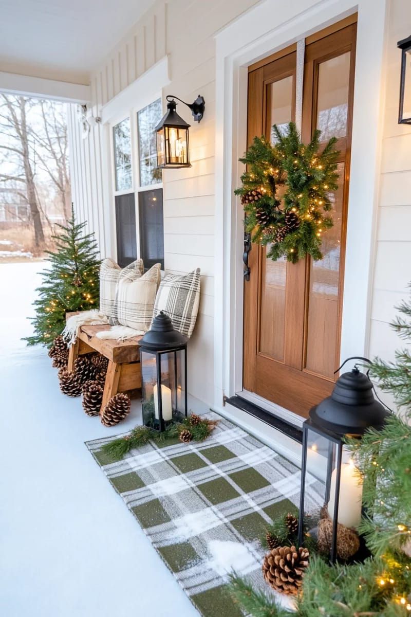 olive green and white plaid layered doormat with black lanterns and snowy pine cones 1