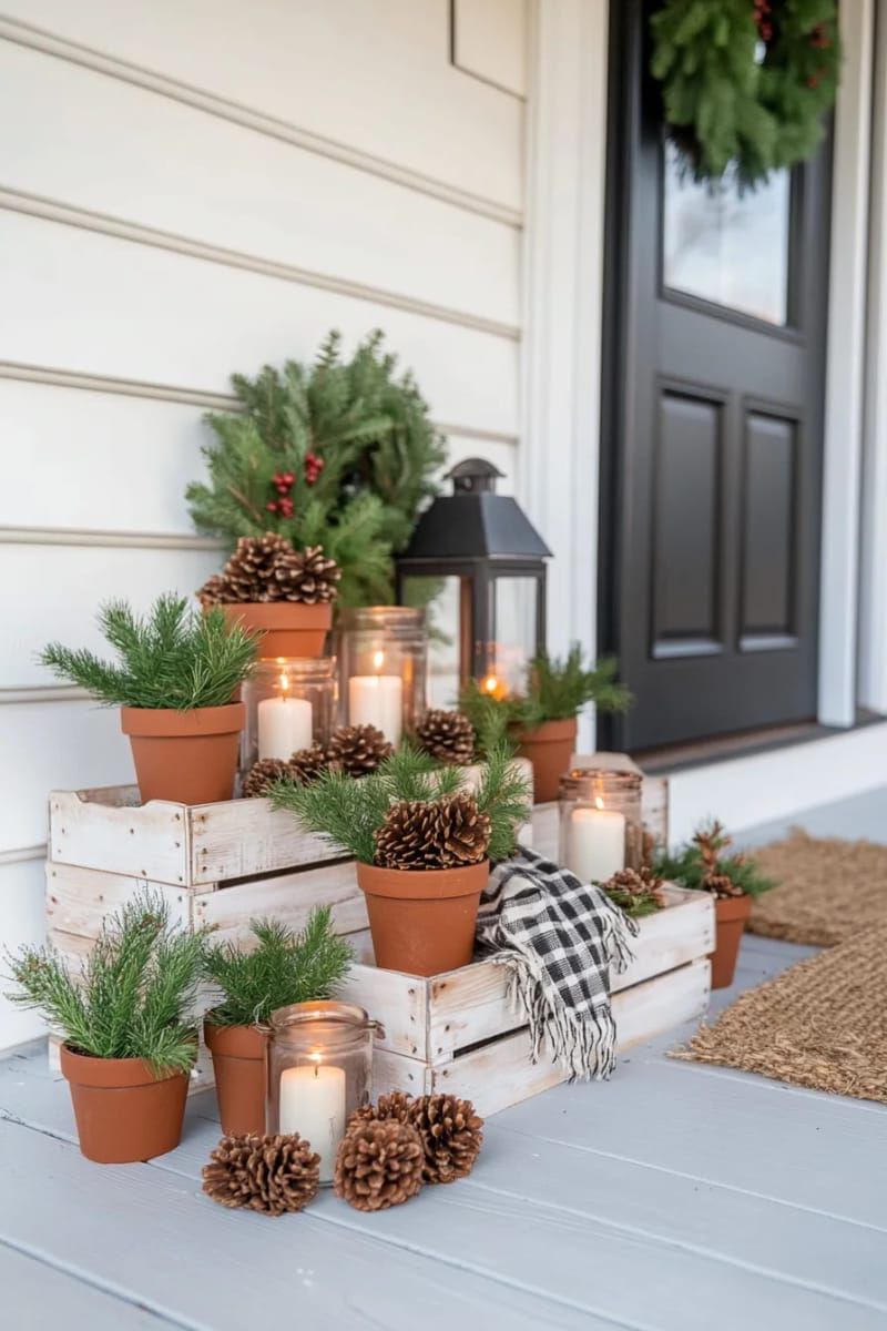 white-washed wooden crates stacked with mini potted evergreens and pinecones 1