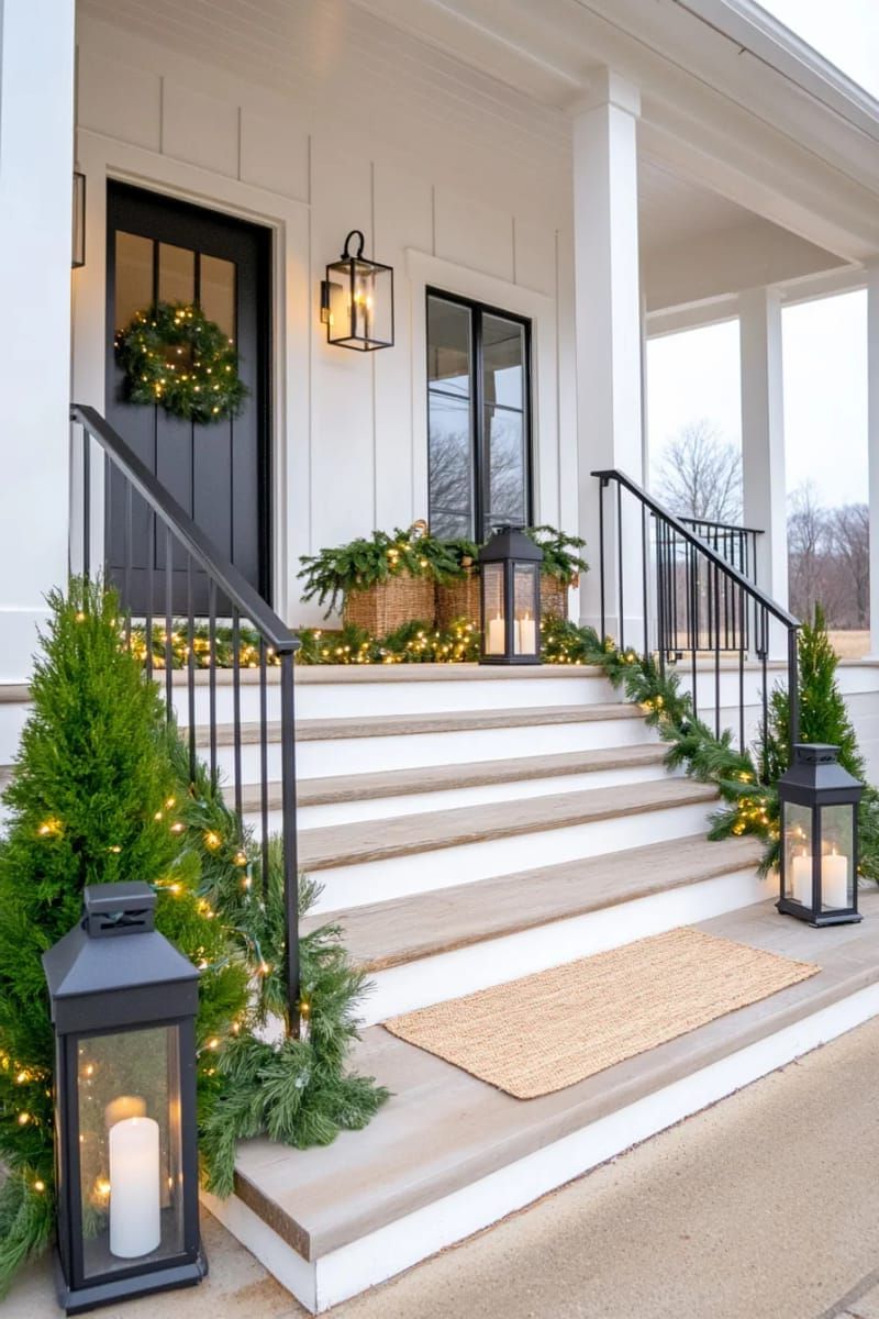 minimalist cedar garland draped across black railing with warm fairy lights 1