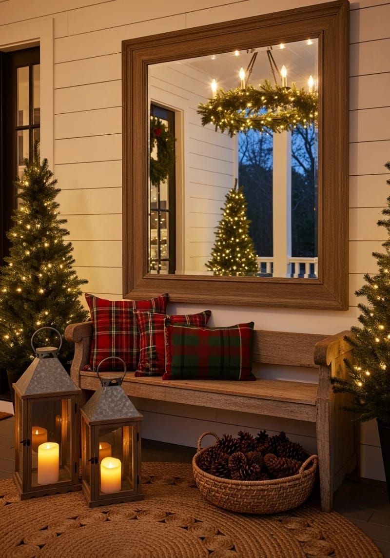rustic wood-framed mirror reflecting a garland-wrapped front porch chandelier 1