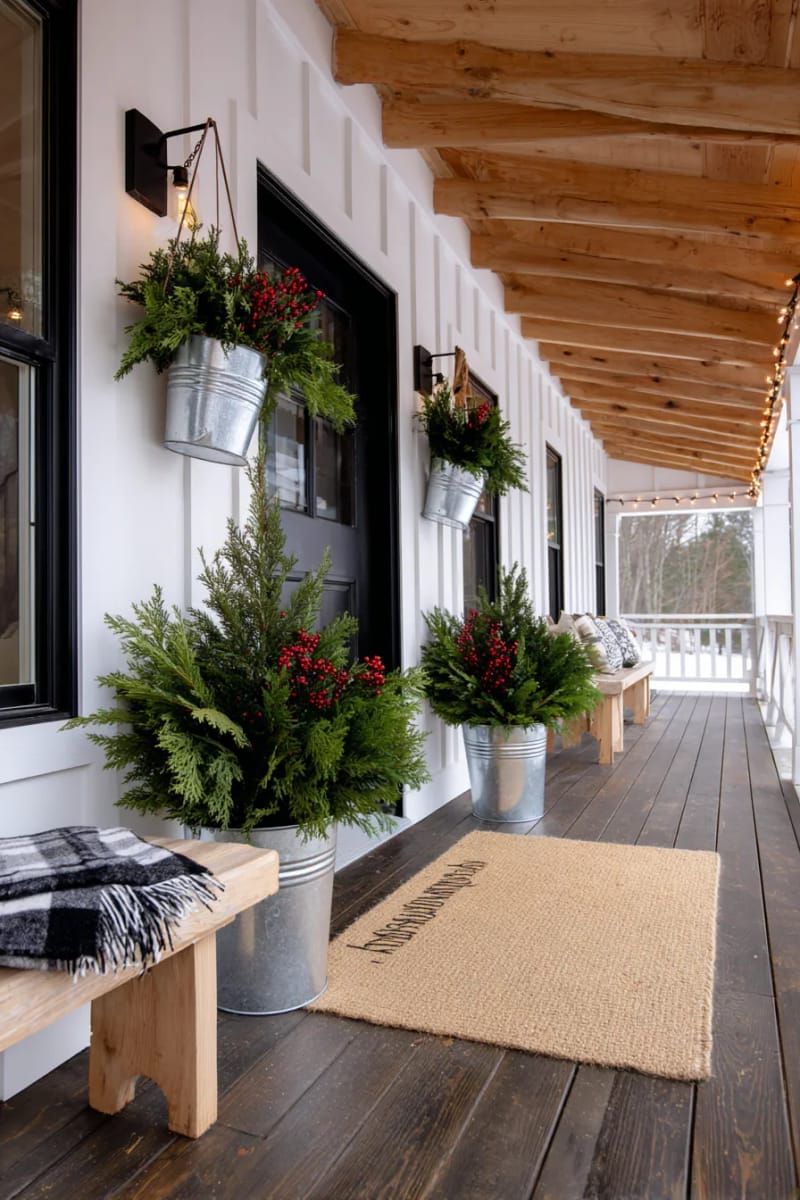 hanging galvanized buckets overflowing with evergreen branches and red berries 1