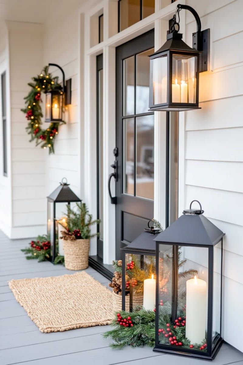 oversized rustic lanterns with pillar candles and eucalyptus sprigs beside the door 1