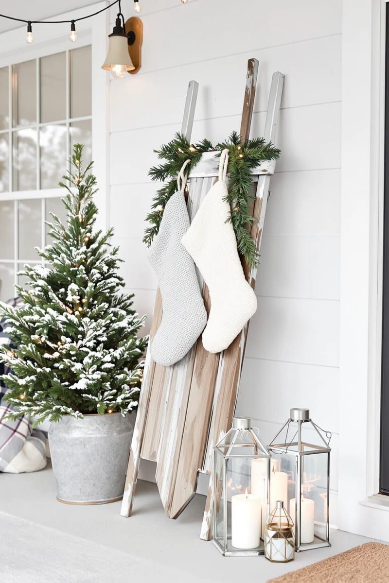 vintage sled propped against shiplap wall, draped with knit stockings 1