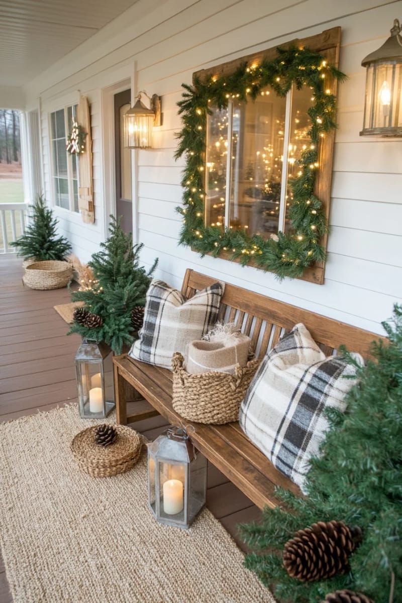 rustic wood-framed mirror reflecting a garland-wrapped front porch chandelier 1