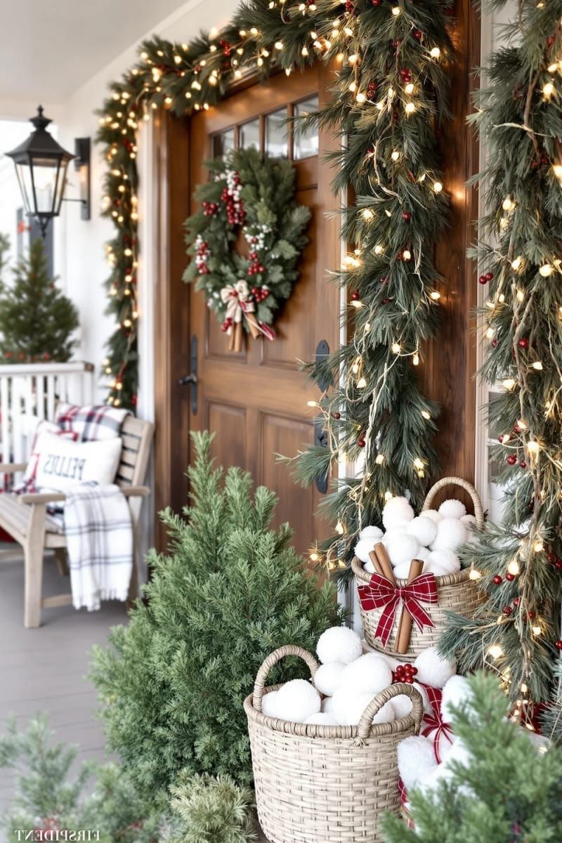 woven baskets filled with faux snowballs and cinnamon stick bundles 1