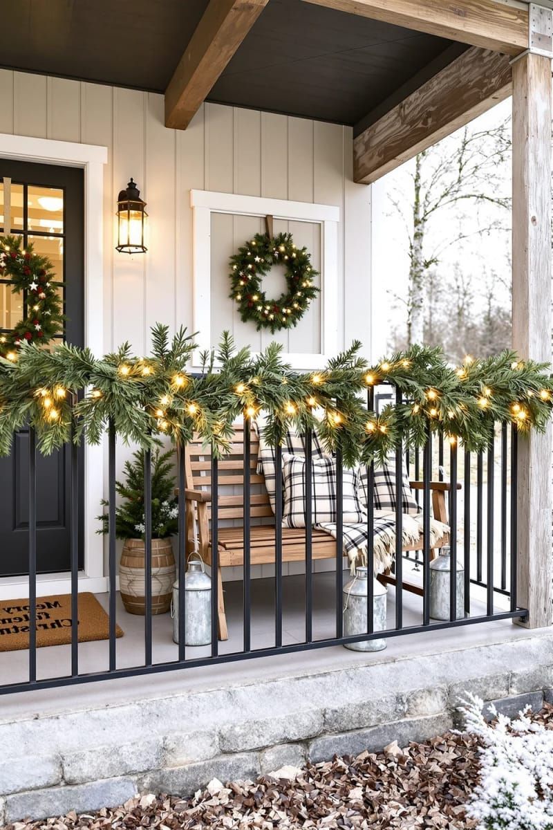 minimalist cedar garland draped across black railing with warm fairy lights 1