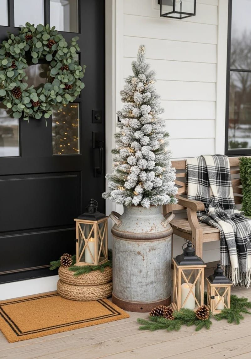 antique milk can topped with a simple flocked tree and twinkle lights 1