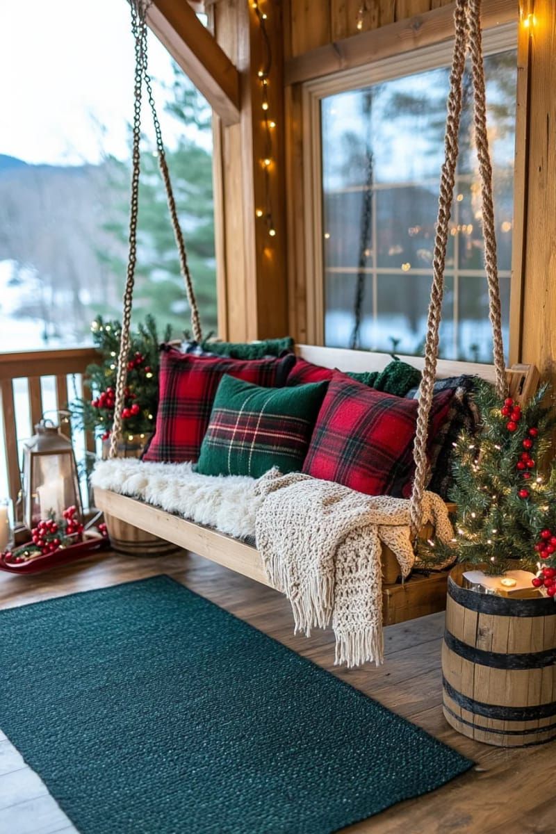 modern farmhouse swing bench layered with cozy tartan pillows and chunky blankets 1
