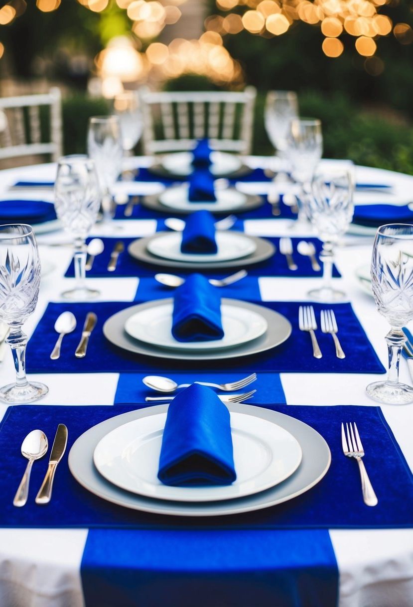 Royal blue placemats arranged on a white table, surrounded by silver cutlery and crystal glassware