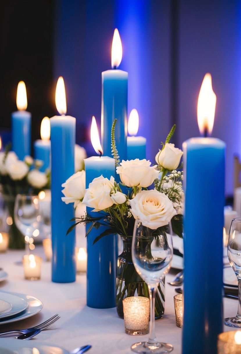 Sky blue candles illuminate a wedding table, casting a soft blue glow on the surrounding decor