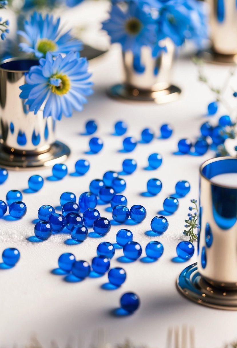 Blue glass beads scattered on a white tablecloth, surrounded by silver candle holders and delicate blue flowers