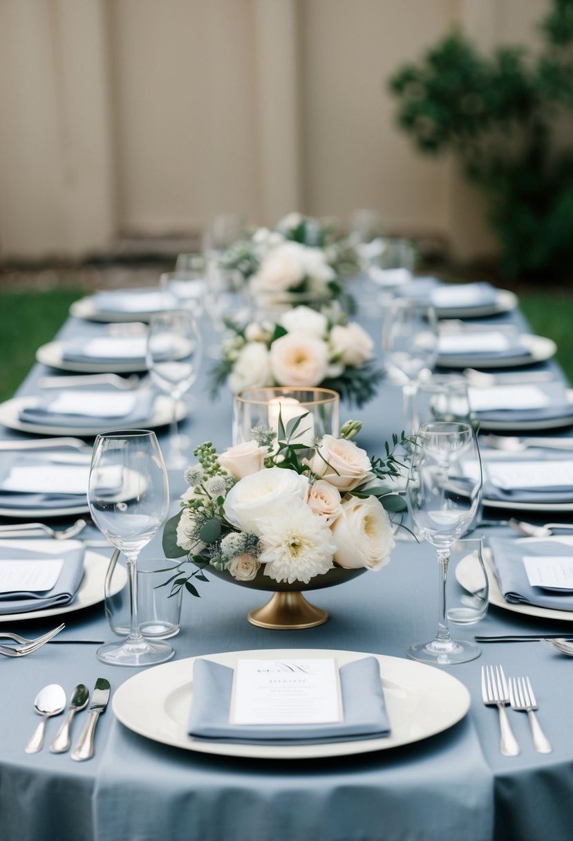 A table set with dusty blue linens, adorned with delicate floral centerpieces and elegant silverware for a wedding celebration
