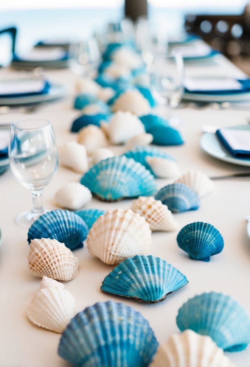 A table adorned with coastal blue seashells and delicate white accents, creating a serene and elegant wedding decoration
