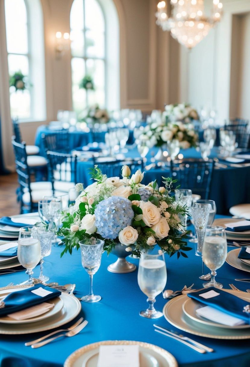 A blue-themed wedding table adorned with elegant floral centerpieces and delicate silver accents