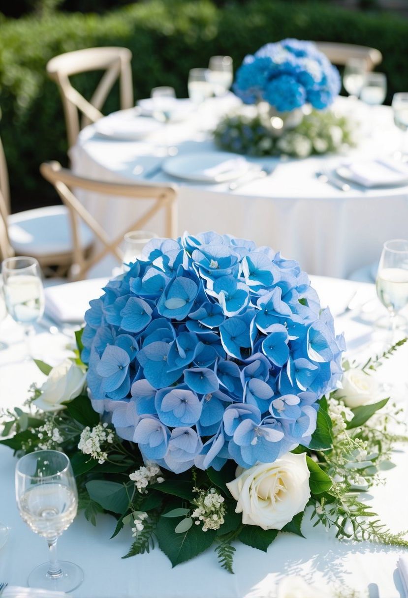A vibrant blue hydrangea centerpiece sits atop a white table, surrounded by delicate greenery and smaller white flowers, creating an elegant and serene wedding decoration