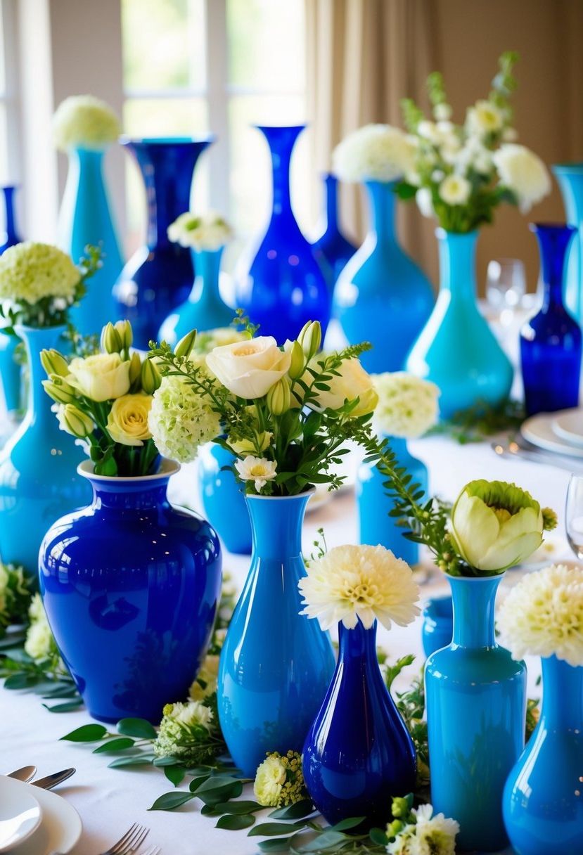 A collection of blue vases in various shapes and sizes arranged on a wedding table, filled with fresh flowers and greenery
