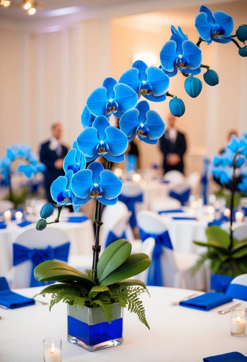 A blue orchid centerpiece on a white wedding table with blue accents