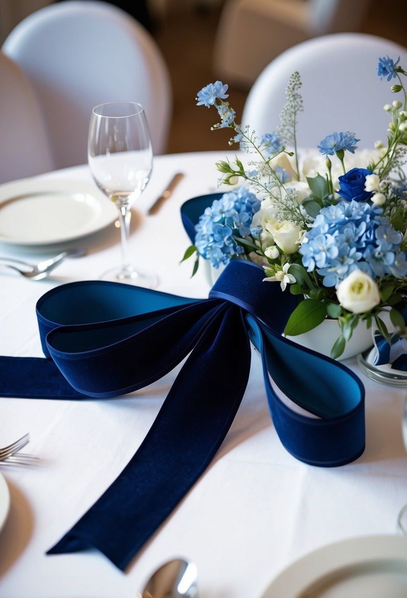 A navy velvet ribbon is elegantly wrapped around a white wedding table centerpiece, adorned with delicate blue flowers and silver accents
