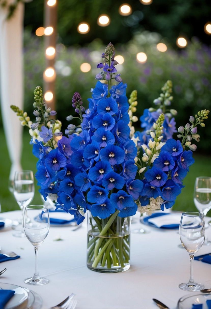 A table adorned with a mix of vibrant blue delphiniums, creating a delightful wedding centerpiece