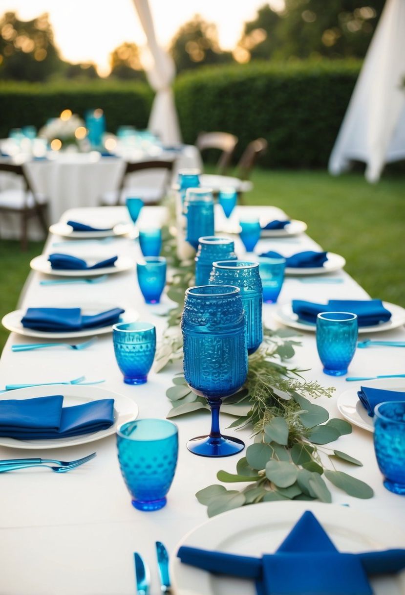 A table set with blue utensils, unique centerpieces, and decorative accents for a wedding reception