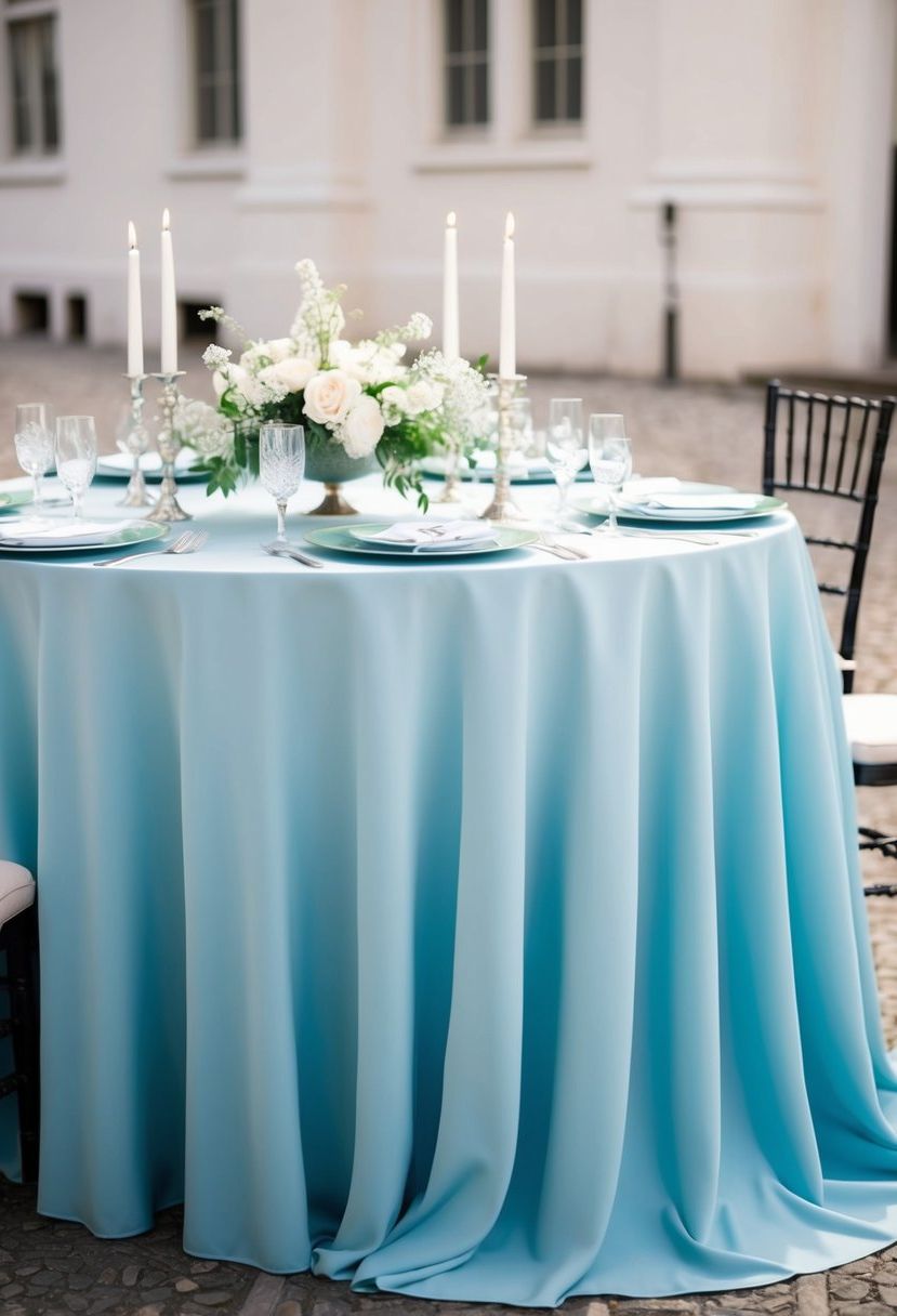 A long, elegant azure tablecloth drapes over a round table, adorned with delicate white flowers and silver candle holders, creating a serene and sophisticated wedding decor