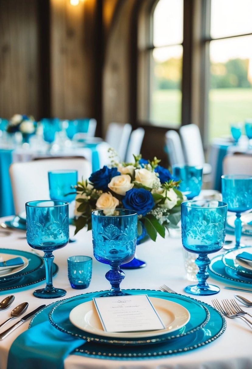 A table adorned with cerulean glassware and glamorous blue wedding decor