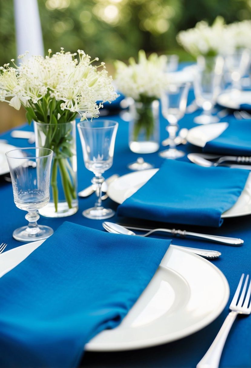 A table set with sapphire blue napkins, silverware, and delicate white flowers in glass vases