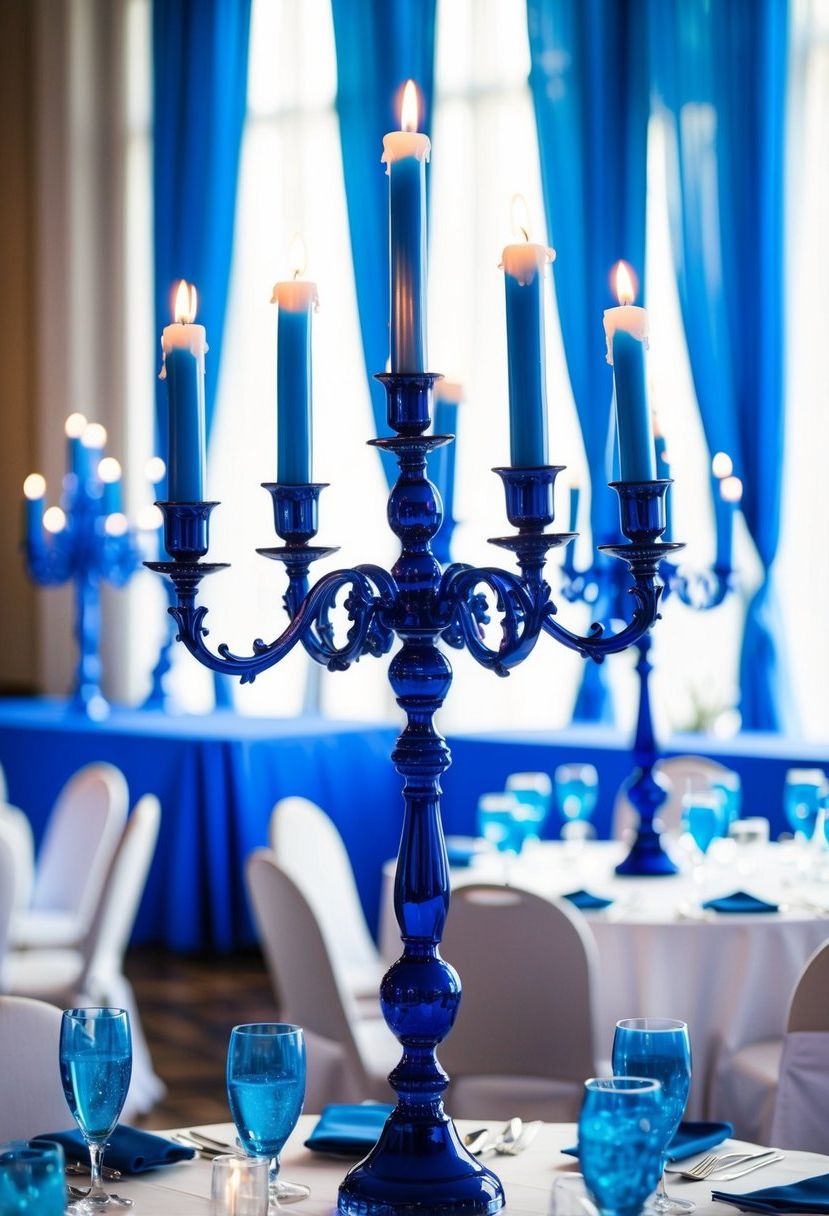 Blue candelabras adorn a wedding table, casting a charming glow on the elegant blue decorations