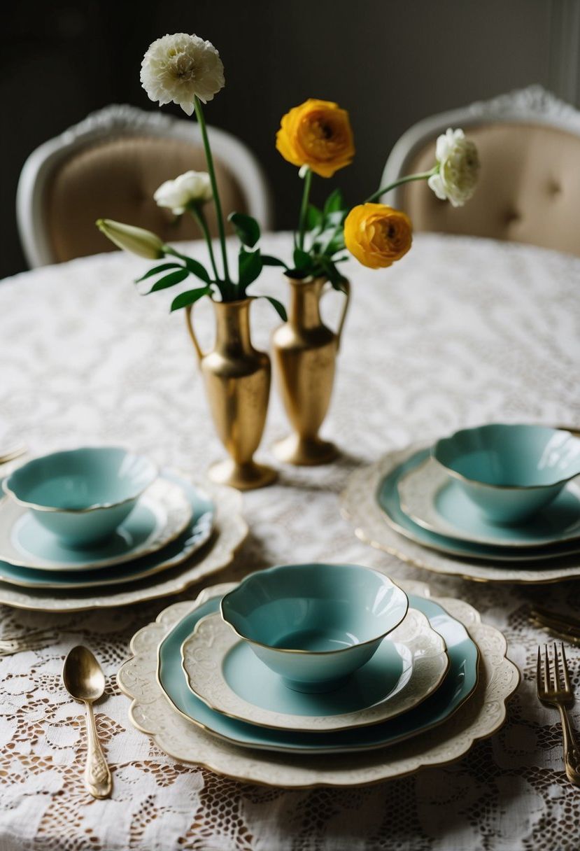 Vintage tableware arranged with pair of bud vases on lace tablecloth