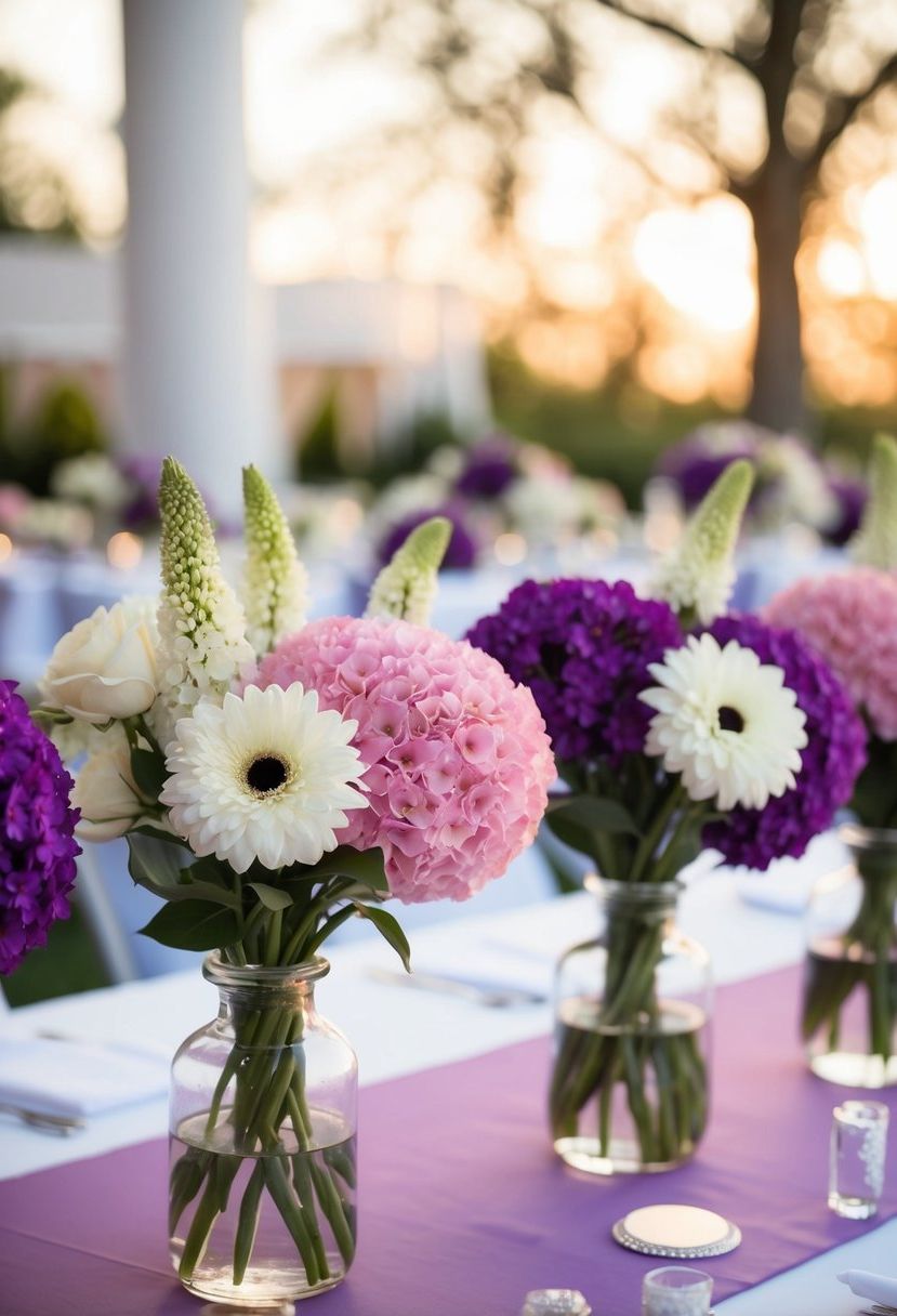 A gradient of pink, purple, and white flowers arranged in bud vases as wedding table decorations