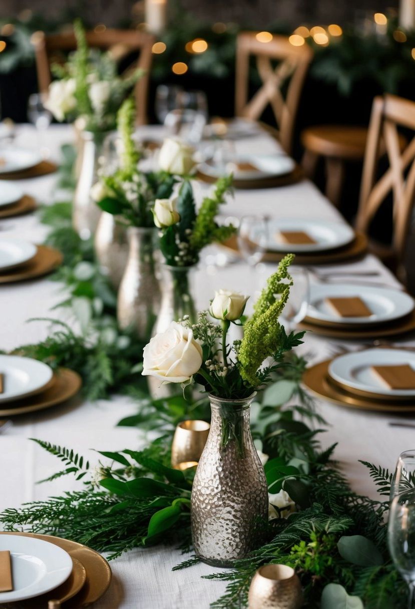Bud vases scattered among lush table garlands for a textured wedding centerpiece