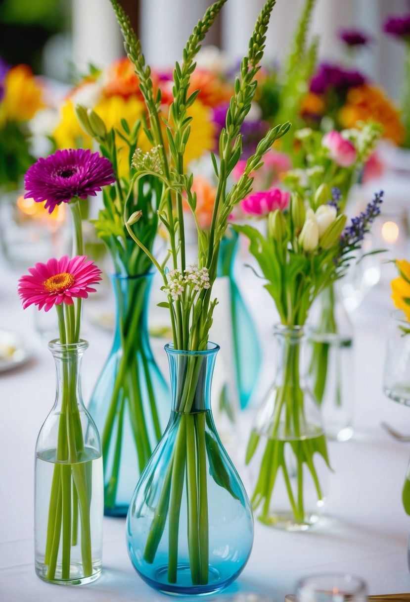 Colorful stems fill transparent vases on a wedding table, creating a vibrant and elegant centerpiece